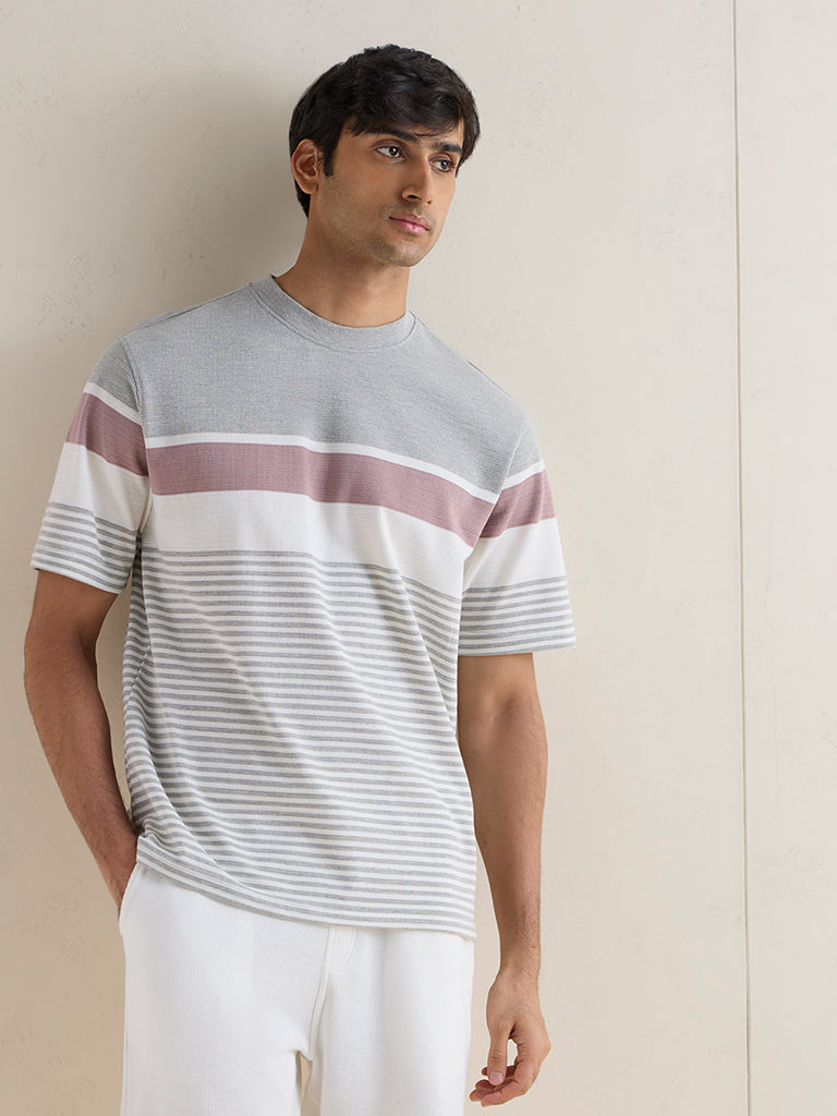 WES Lounge Grey Striped Printed Relaxed-Fit Cotton-Blend T-Shirt