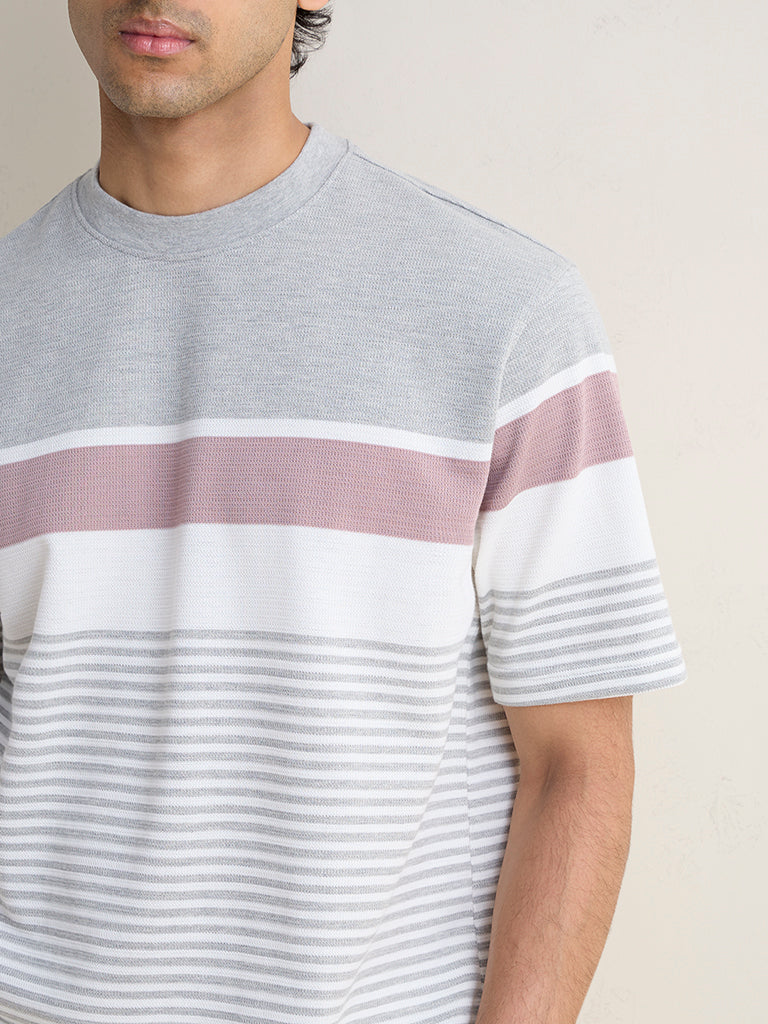 WES Lounge Grey Striped Printed Relaxed-Fit Cotton-Blend T-Shirt