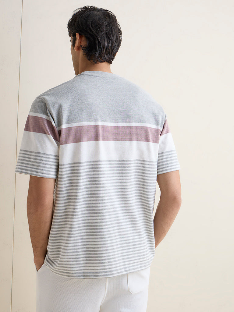 WES Lounge Grey Striped Printed Relaxed-Fit Cotton-Blend T-Shirt