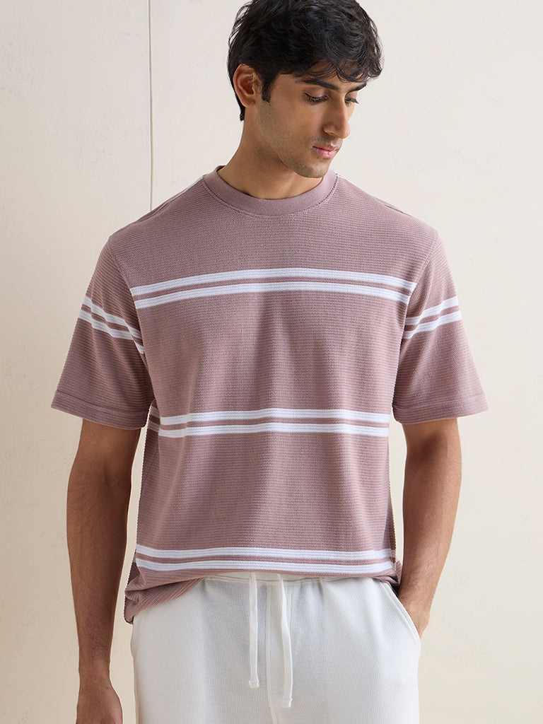 WES Lounge Pink Striped Relaxed-Fit Cotton-Blend T-Shirt