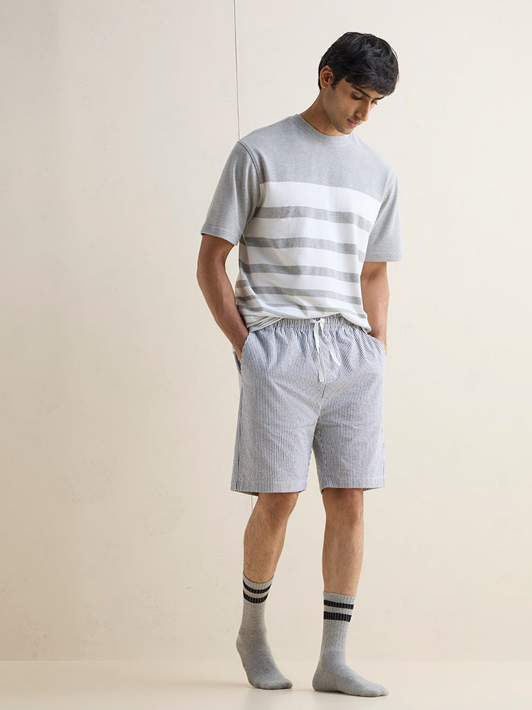WES Lounge Grey Stripe Relaxed-Fit Cotton-Blend T-Shirt