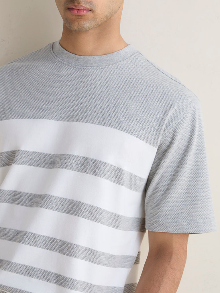 WES Lounge Grey Stripe Relaxed-Fit Cotton-Blend T-Shirt