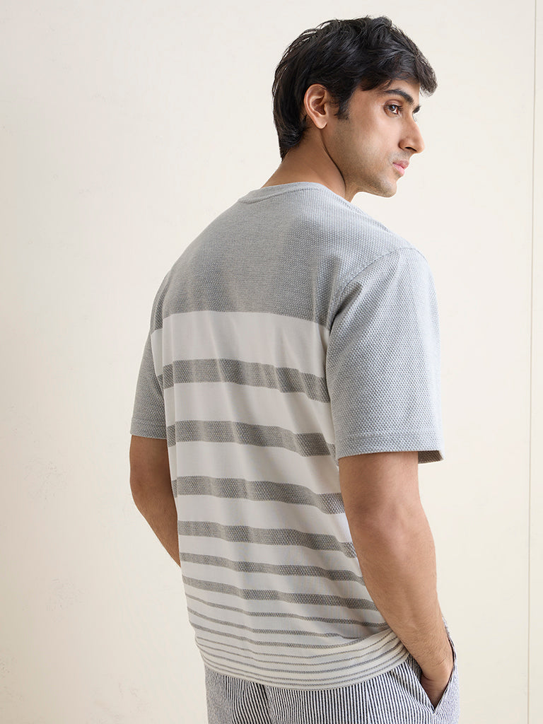 WES Lounge Grey Stripe Relaxed-Fit Cotton-Blend T-Shirt