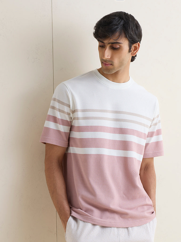 WES Lounge Pink Striped Relaxed-Fit Cotton-Blend T-Shirt