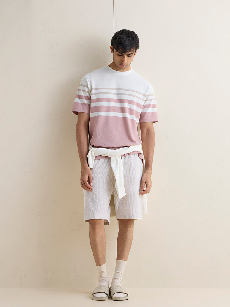 WES Lounge Pink Striped Relaxed-Fit Cotton-Blend T-Shirt