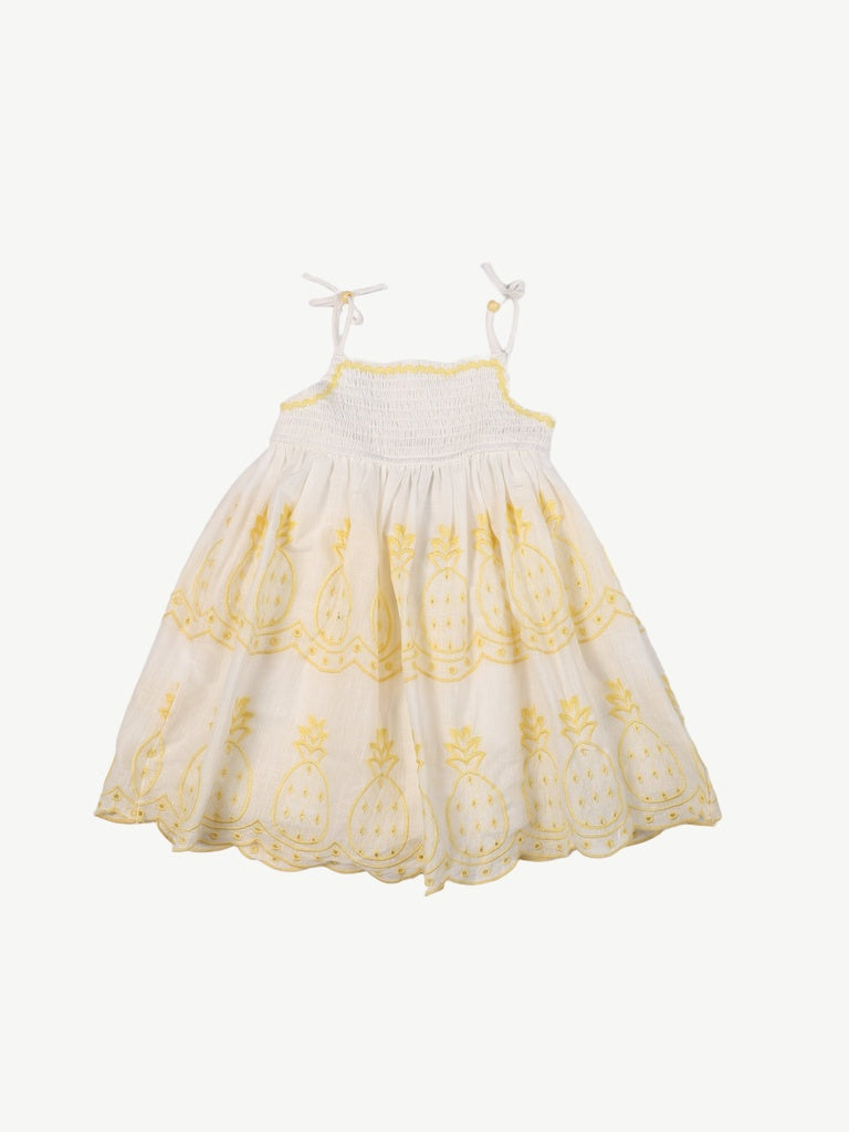 HOP Kids Girls White and Yellow Embroidered Cotton A-Line Dress