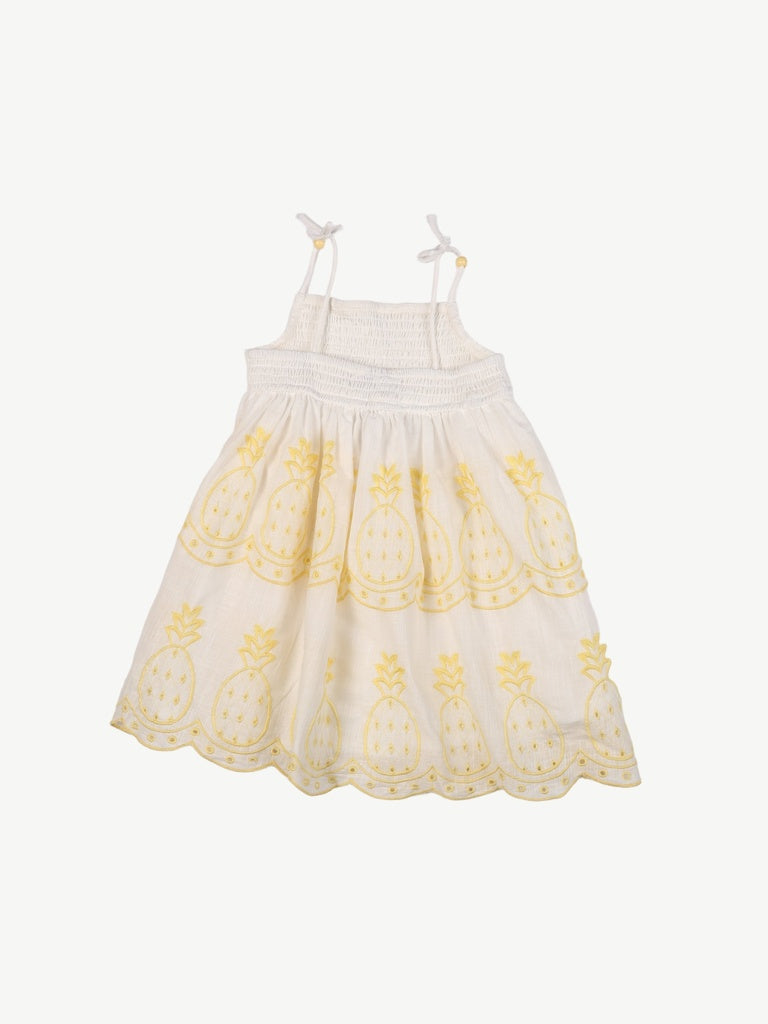 HOP Kids Girls White and Yellow Embroidered Cotton A-Line Dress
