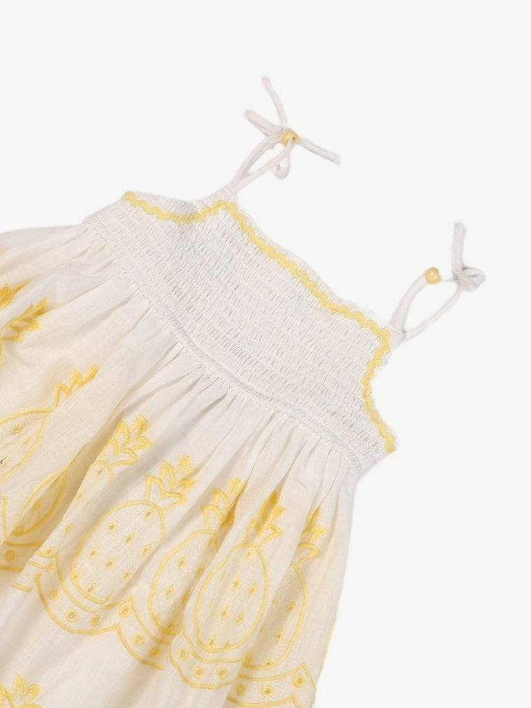 HOP Kids Girls White and Yellow Embroidered Cotton A-Line Dress