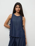 LOV Dark Blue Tie-Up Cotton-Blend Top
