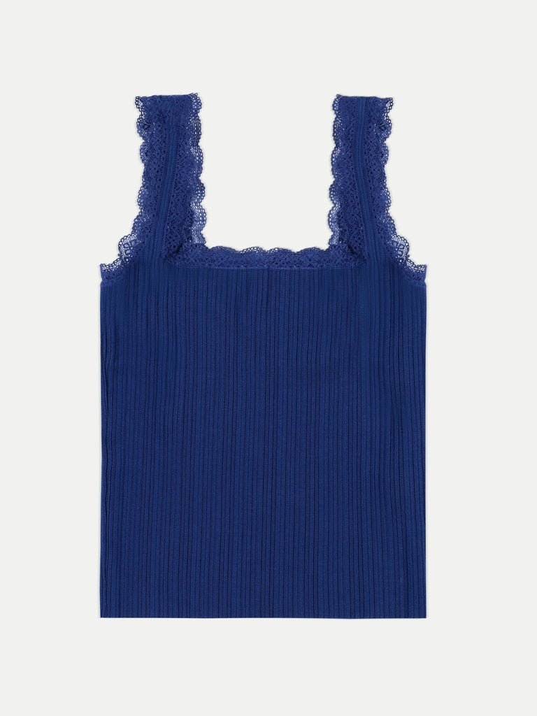 LOV Blue Ribbed Lace-Detailed Top