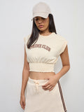 Nuoflexx Cream Text Printed Cotton-Blend Smocked Top