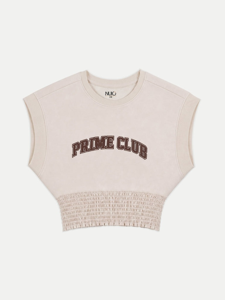 Nuoflexx Cream Text Printed Cotton-Blend Smocked Top