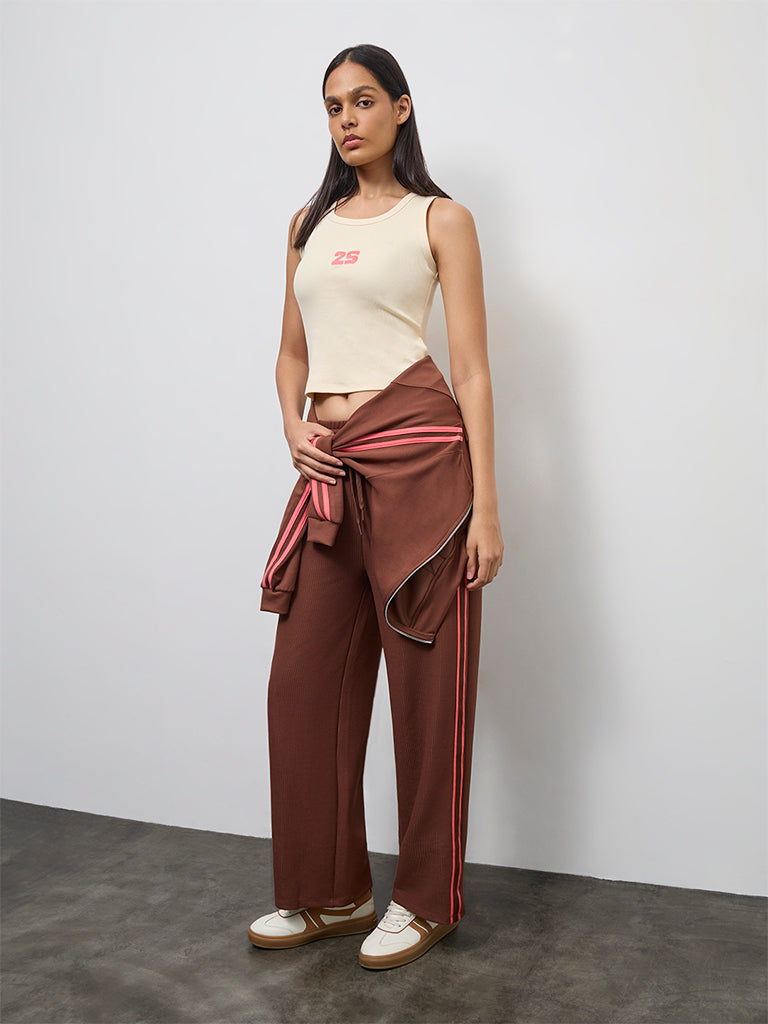 Nuoflexx Cream Numerical Design Ribbed Cotton-Blend Top
