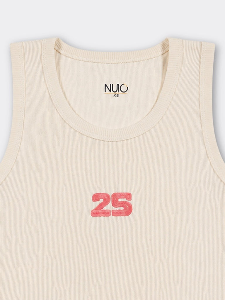 Nuoflexx Cream Numerical Design Ribbed Cotton-Blend Top