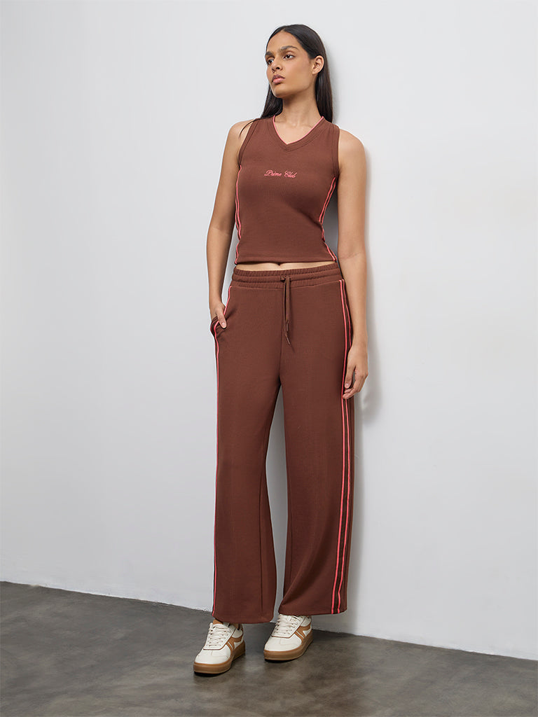 Nuoflexx Brown Text-Detail Ribbed Top