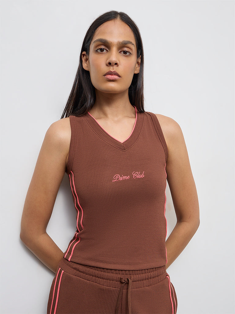 Nuoflexx Brown Text-Detail Ribbed Top