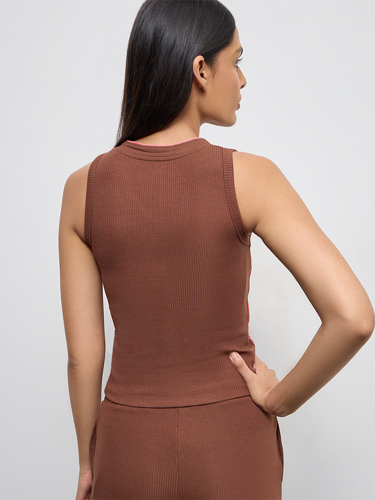 Nuoflexx Brown Text-Detail Ribbed Top