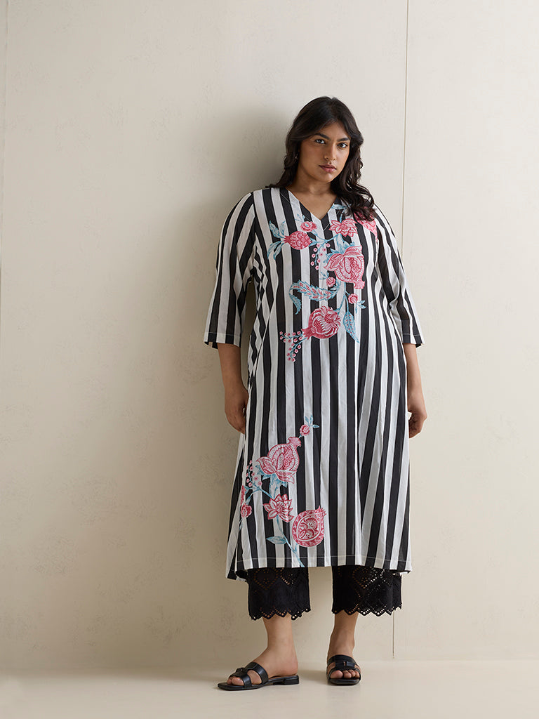 Diza Black and White Striped Straight Kurta