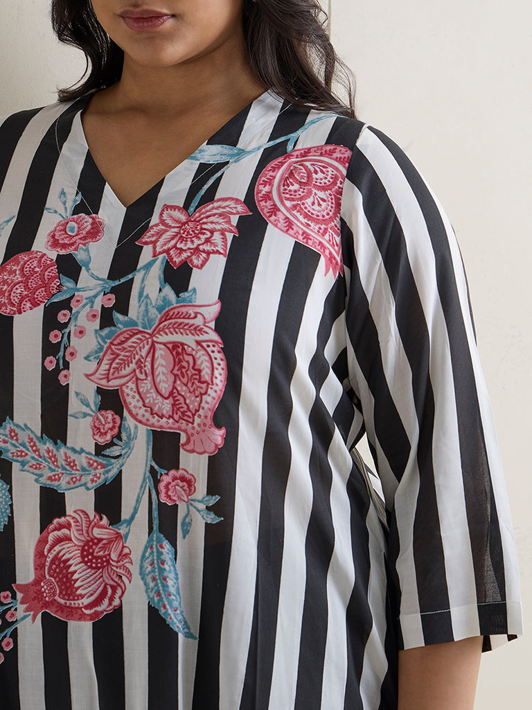 Diza Black and White Striped Straight Kurta