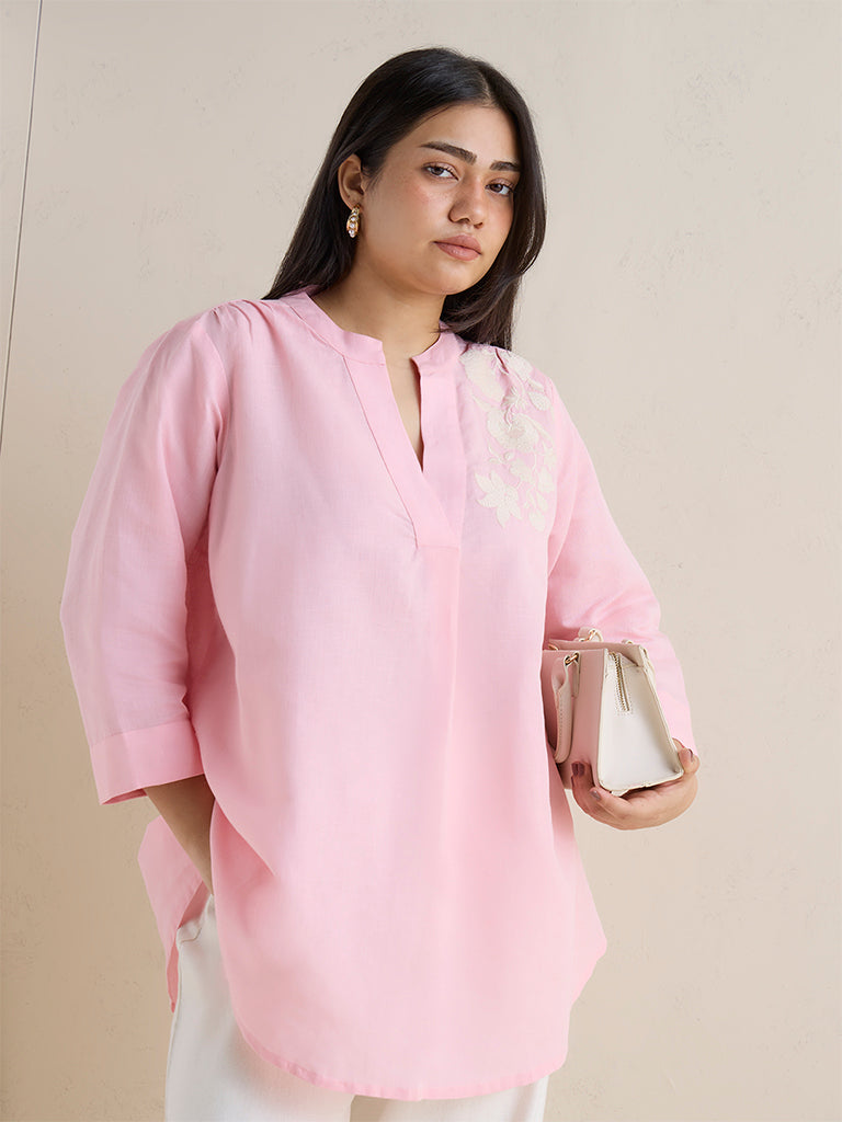 Diza Pink Floral Embroidered Cotton-Blend Tunic