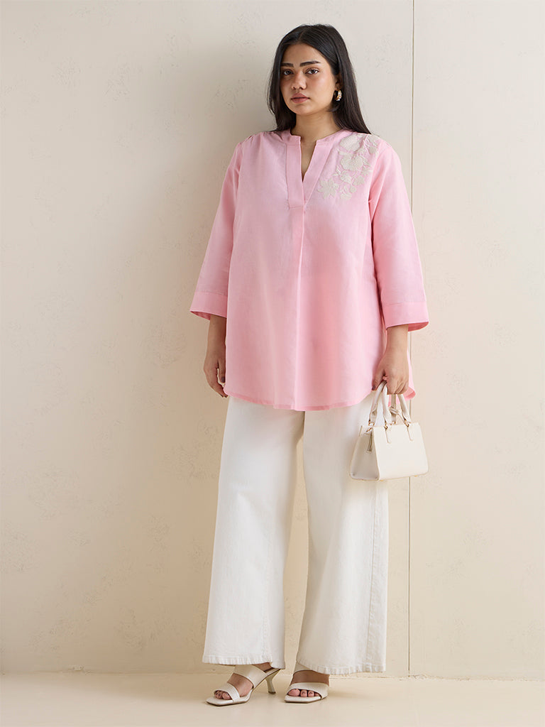 Diza Pink Floral Embroidered Cotton-Blend Tunic
