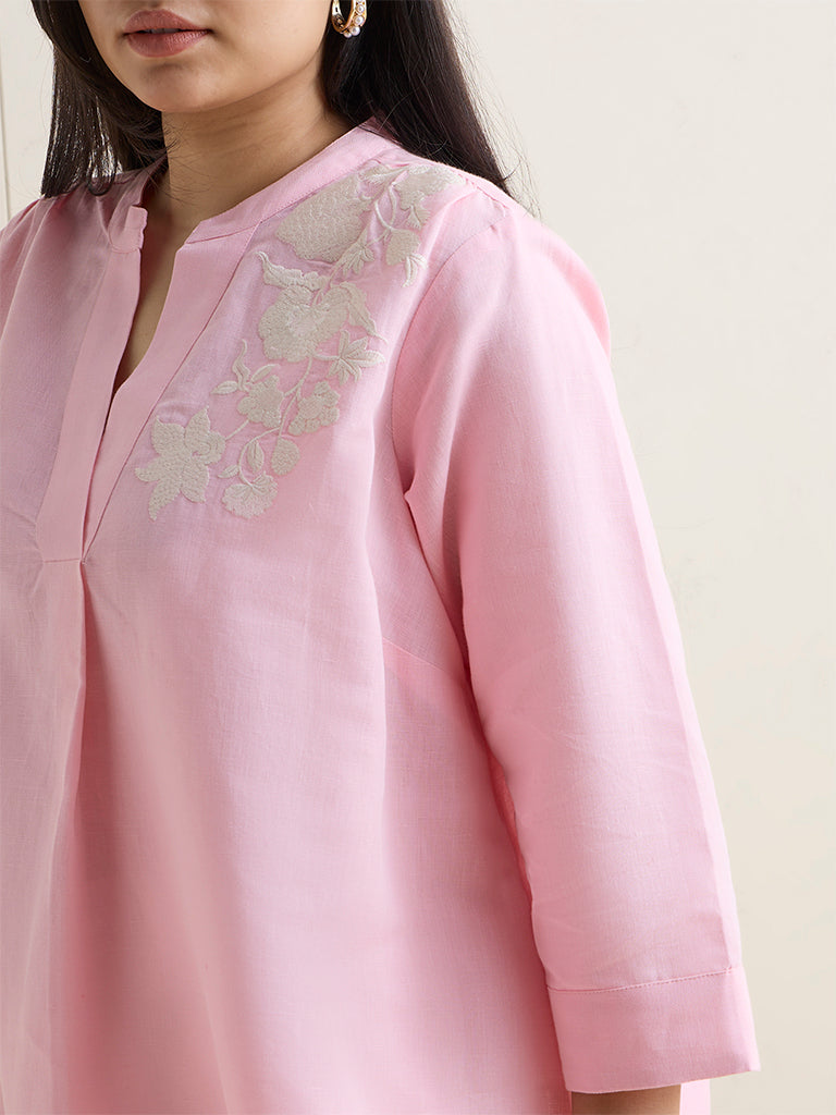 Diza Pink Floral Embroidered Cotton-Blend Tunic