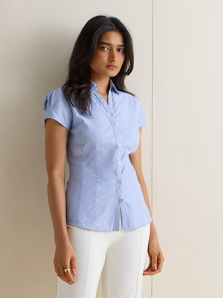 Wardrobe Blue Polka Dot Cotton-Blend Shirt