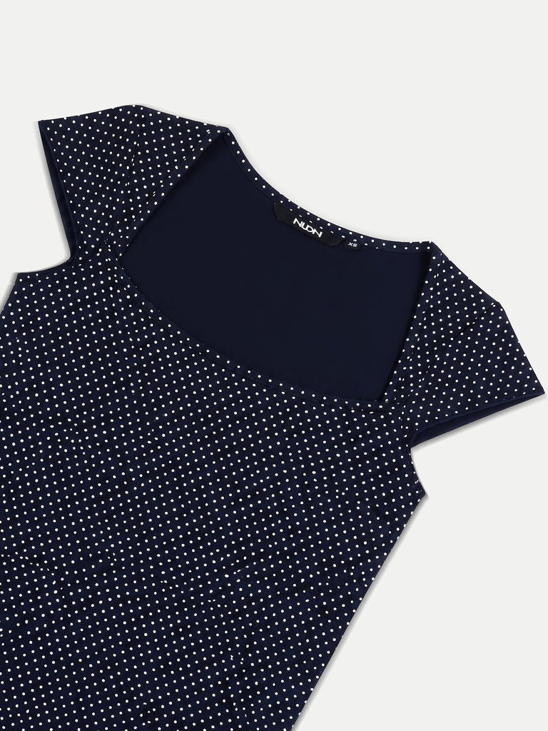 Nuon Navy Polka-Dot Printed Cotton-Blend Top