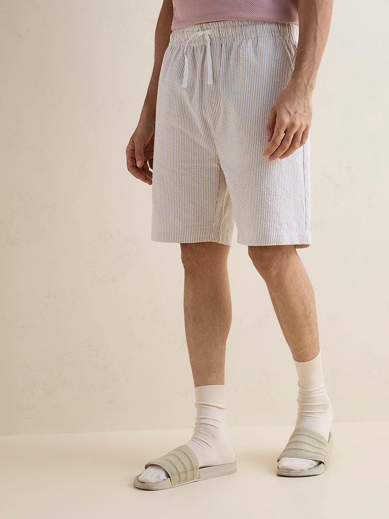 WES Lounge Beige Striped Relaxed-Fit Mid-Rise Cotton Shorts