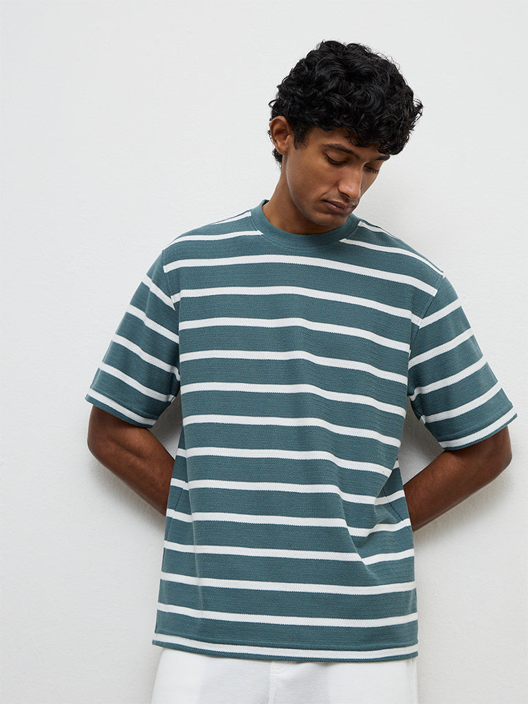 WES Lounge Teal Striped Relaxed-Fit Cotton T-Shirt