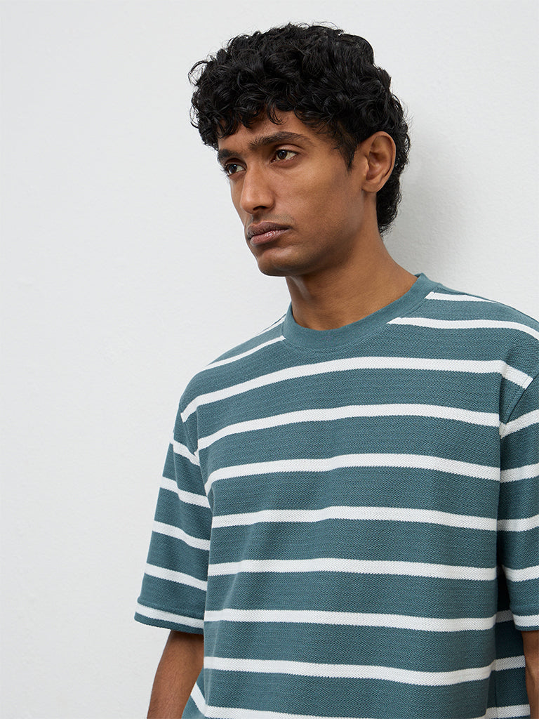WES Lounge Teal Striped Relaxed-Fit Cotton T-Shirt