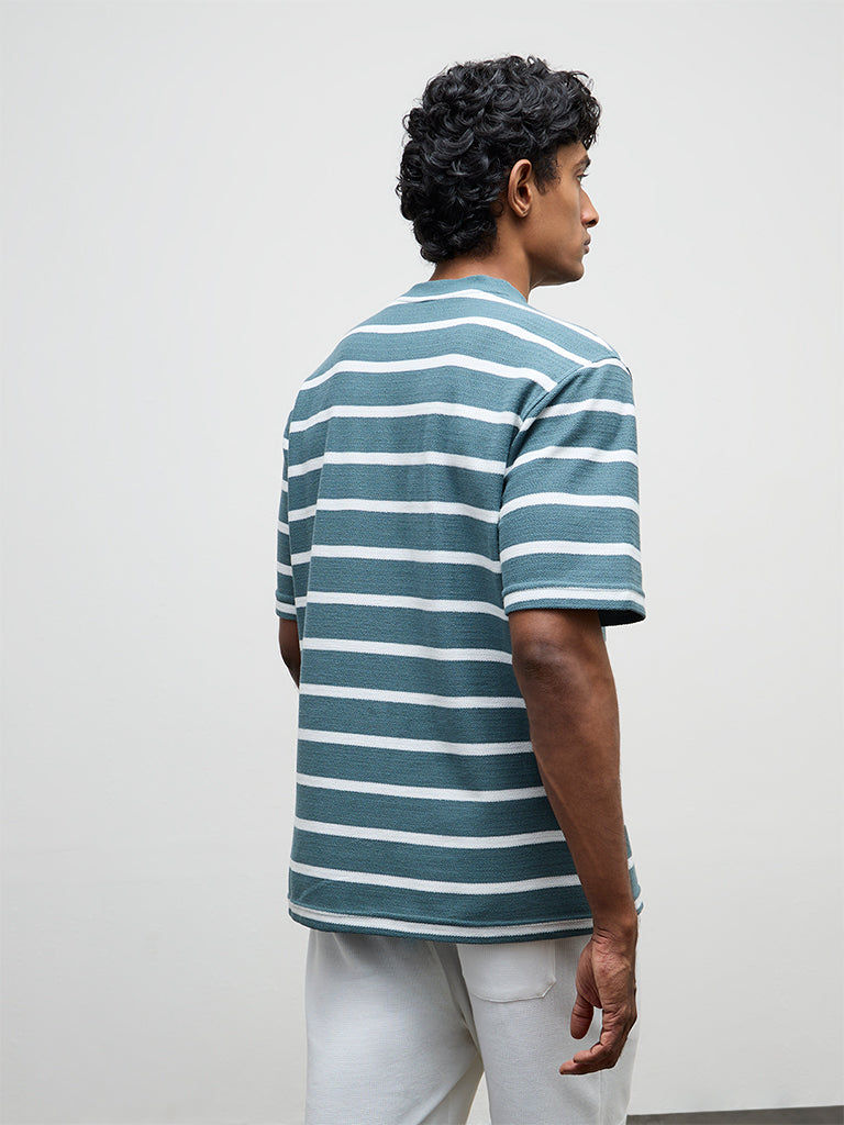 WES Lounge Teal Striped Relaxed-Fit Cotton T-Shirt