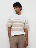 WES Lounge Beige Striped Relaxed-Fit Cotton T-Shirt
