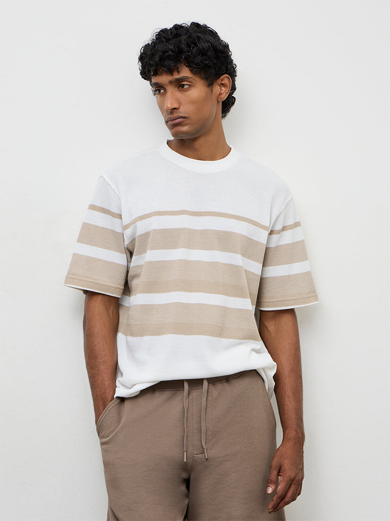 WES Lounge Beige Striped Relaxed-Fit Cotton T-Shirt