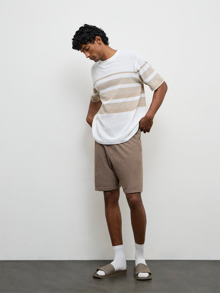 WES Lounge Beige Striped Relaxed-Fit Cotton T-Shirt