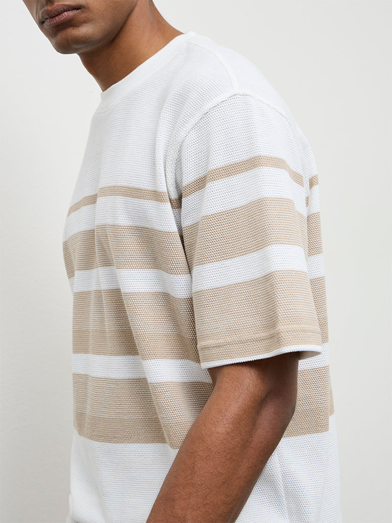 WES Lounge Beige Striped Relaxed-Fit Cotton T-Shirt