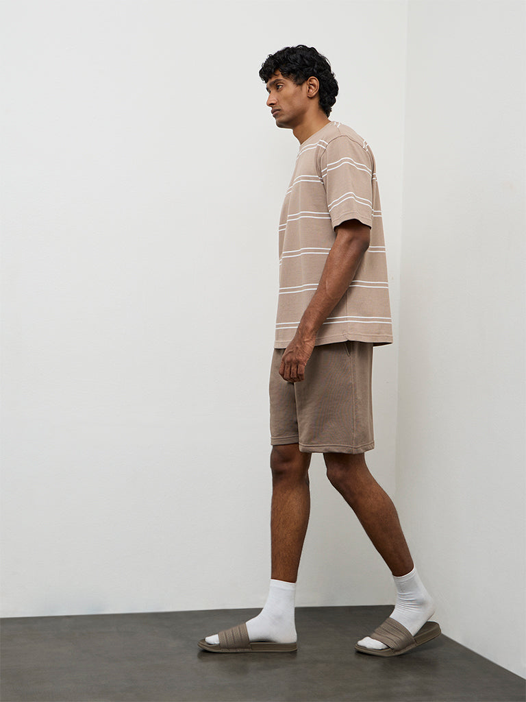 WES Lounge Beige Striped Relaxed-Fit Cotton T-Shirt