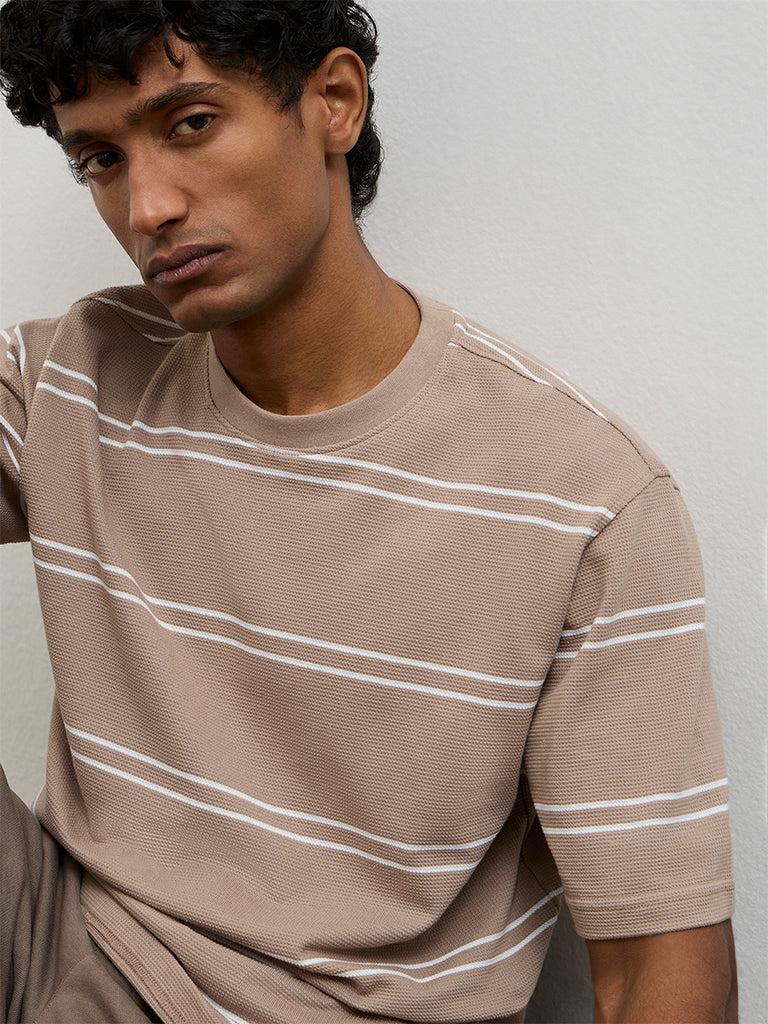 WES Lounge Beige Striped Relaxed-Fit Cotton T-Shirt