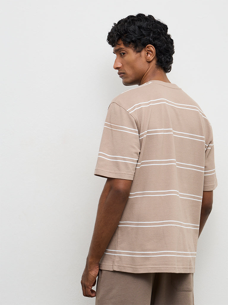 WES Lounge Beige Striped Relaxed-Fit Cotton T-Shirt