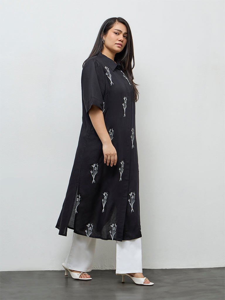 Diza Black Botanical Embroidered A-Line Kurta