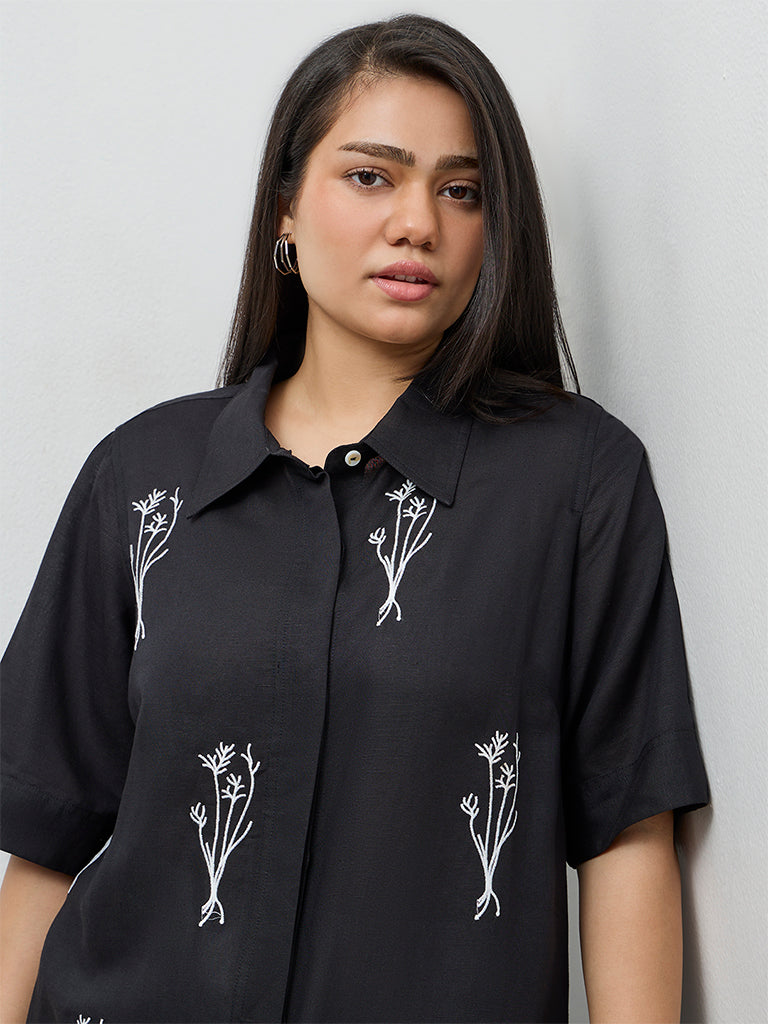 Diza Black Botanical Embroidered A-Line Kurta