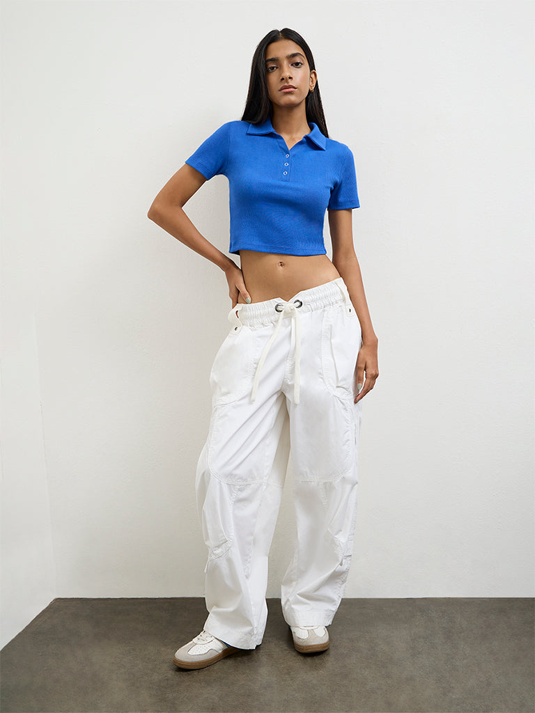 Nuon Blue Ribbed-Texture Cotton Top