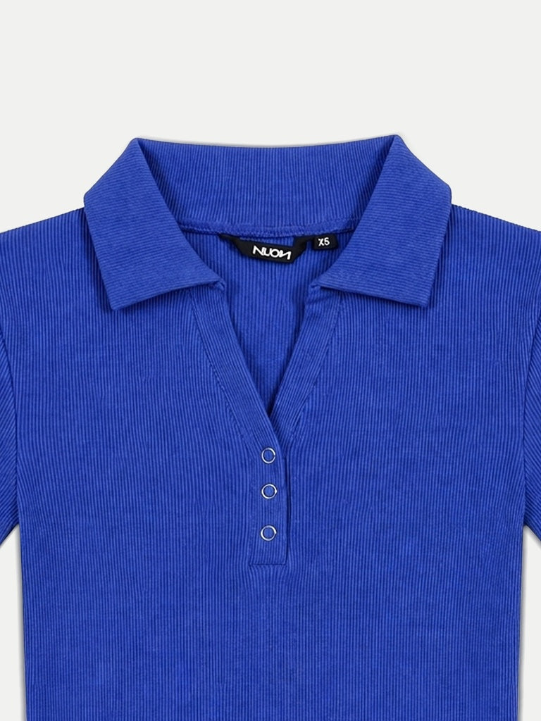 Nuon Blue Ribbed-Texture Cotton Top