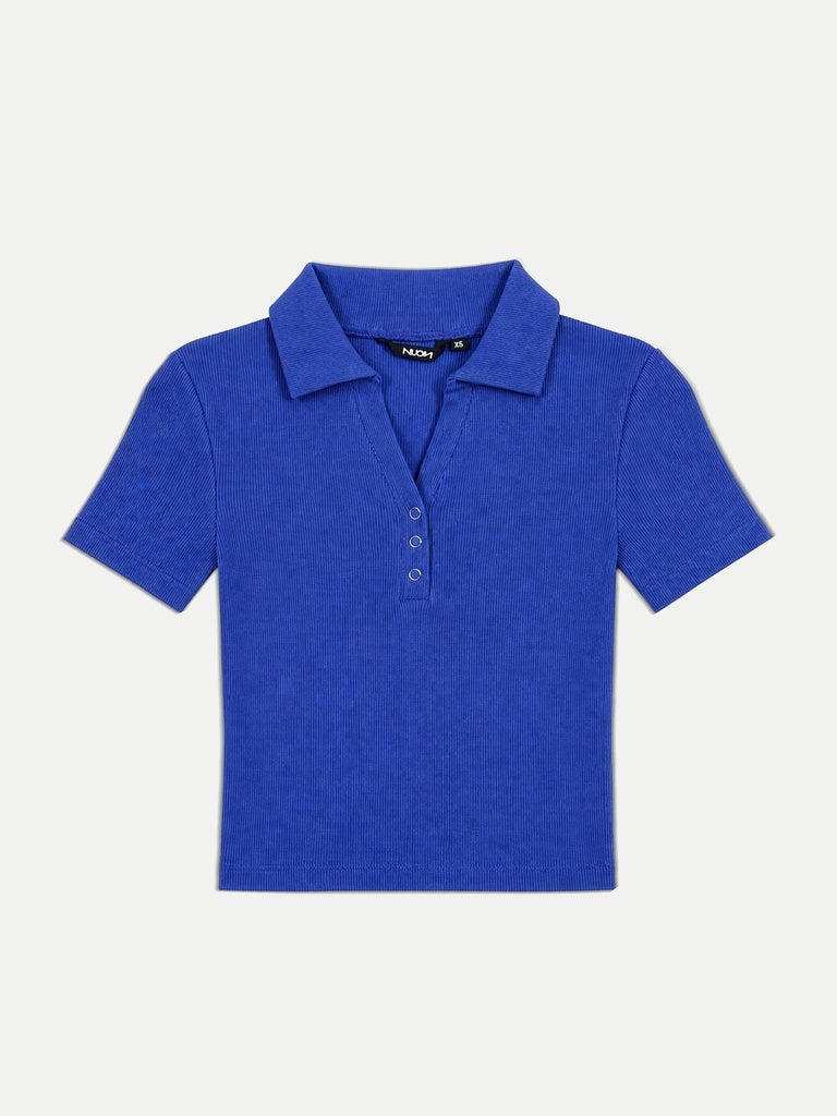 Nuon Blue Ribbed-Texture Cotton Top