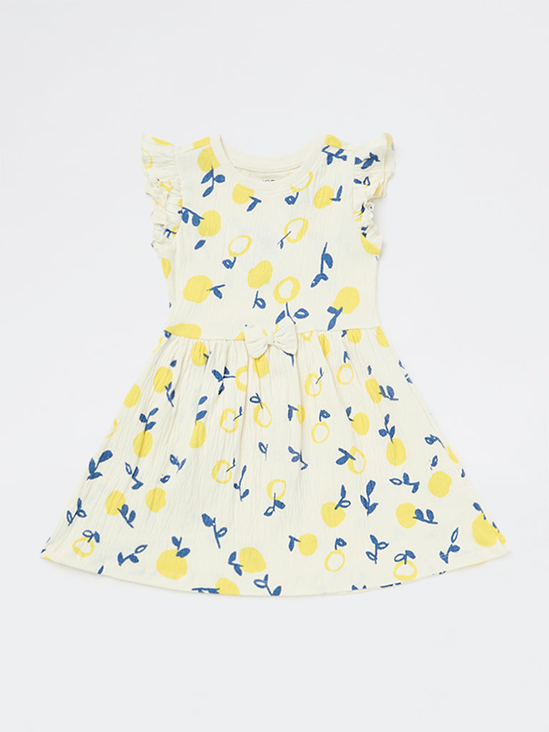 HOP Kids Girls Off-White Fruits Printed Cotton-Blend A-Line Dress