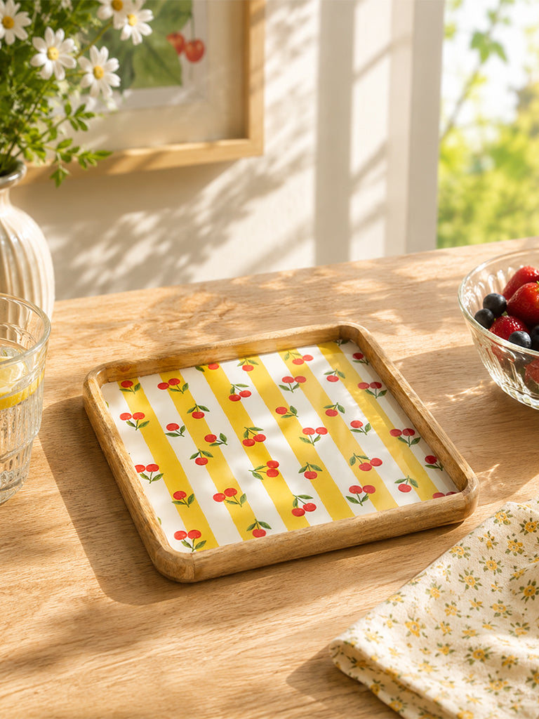 Westside Home Yellow Printed Small Wooden Tray