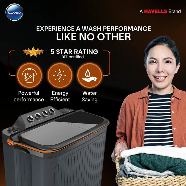 LLOYD 7.5 kg 5 Star Semi Automatic Washing Machine with 3 Wash Programs (GLWMS75CVGEL, Grey)