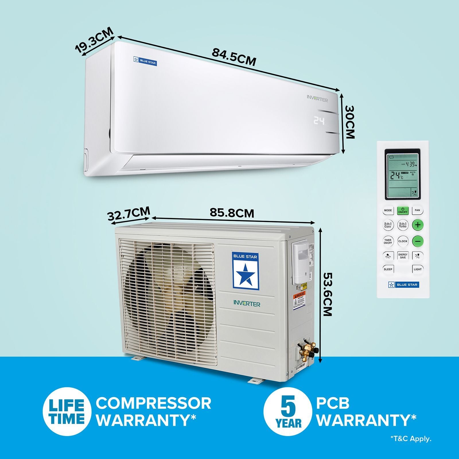 Blue Star Y Series 5 in 1 Convertible 1.2 Ton 3 Star Inverter Split AC with Turbo Cool (Copper Condenser, IC315YNU)