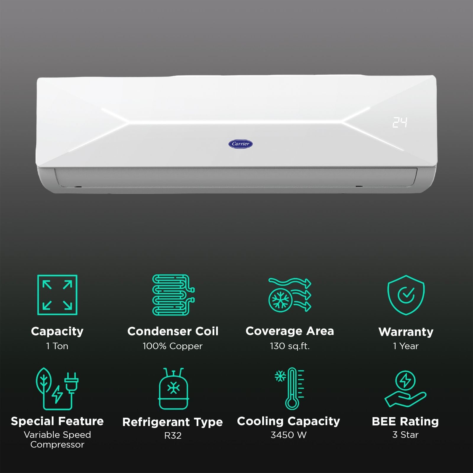 Carrier Xcel Lumo Exi 6 in 1 Convertible 1 Ton 3 Star Inverter Split AC with Auto Cleanser (Copper Condenser, CAI12CL3R34F0)