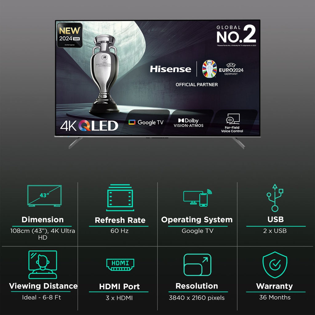 Hisense Q6N 109.22 cm (43 inch) QLED 4K Ultra HD Smart Google TV with 4K AI Upscaler (2024 model)
